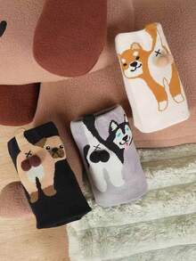 3 双随机小狗和鸡蛋设计百搭可爱卡通小狗中筒袜，适合春季、夏季、秋季