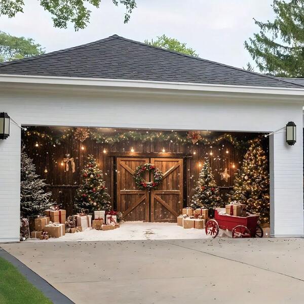 71x157 Inch Polyester Farmhouse Christmas Garage Door Banner - Red And Green With Tree And Wreath Design, Suitable For Holiday Home Decor - Christmas