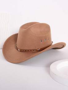 Cappello Da Cowboy Western In Feltro Uomo-Donna: Tesa Larga, Nero, Con Fibbia In Pelle E Cinturino Metallico - 3