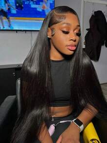 34 Inch 200% Density 13*4/13x6 HD Transparent Lace Front Wigs Pre Plucked Straight Human Hair Wigs Lace Frontal Wigs Baby Hair Natural Black - 自然色&黑色系 - 查看 3