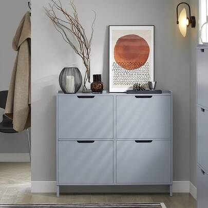 SoBuy Dulap basculant pentru pantofi cu 4 clapete, dulap îngust pentru pantofi, raft pentru pantofi cu 8 rafturi, comodă pentru pantofi, raft pentru pantofi, natural, lățime x înălțime x adâncime aprox. 100 x 90 x 19 cm FSR100