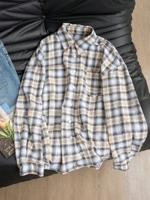 Casual Japanese Style Plaid Shirt, Women's Autumn/Winter Outerwear, Loose Fit Flattering Collared Long Sleeve Top With Unique Texture, Lightweight Sun Protection - Brown - View 3