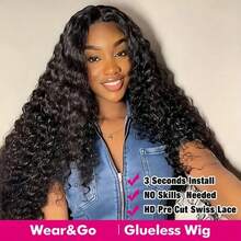 NARNI Wear And Go Glueless Wigs Human Hair Pre Cut 200% Density Water Wave 5x5 HD Lace Closure Wigs Human Hair With Baby Hair Pre Plucked Natural Hairline Deep Wave Lace Front Wigs Human Hair Wet And Wavy Deep Curly Closure Wig For Women 8-40 Inch - Natural Black - 查看 4