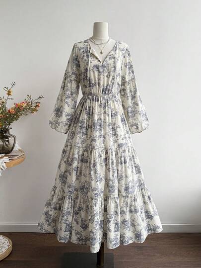 Rusttydustty فستان طويل الأكمام بياقة على شكل حرف V وربطة الخصر، بطبعات زهرية عتيقة بطراز بوهيمي، مناسب لمهرجانات الموسيقى والمناسبات الأخرى في فصل الربيع، أنيق