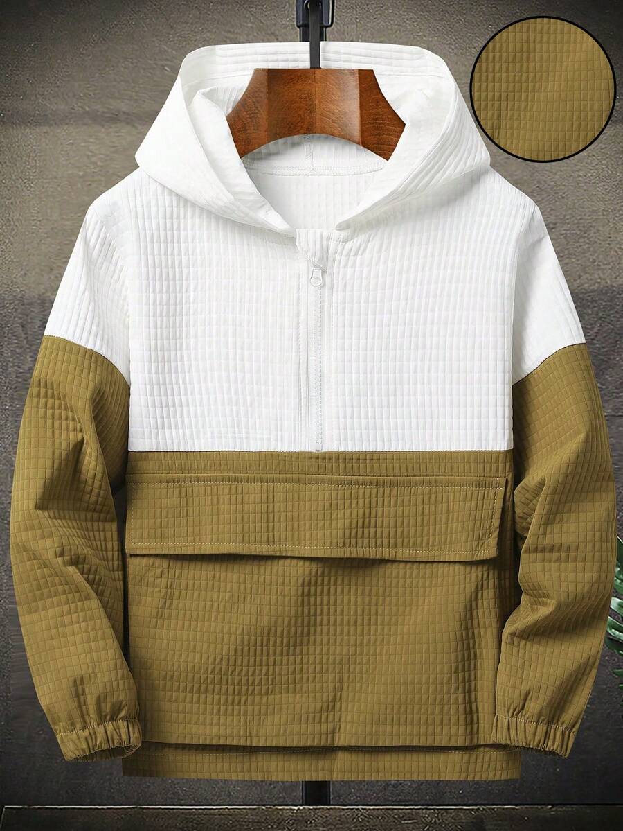 1pc Tween Boys Casual Cute Lightweight Hooded Half-Zip Jacket, Suitable For Travel And School, Perfect For Autumn/Winter Wear - Beige - View 1