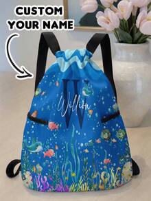 1 szt. Plecak ze ściągaczem z motywem zwierząt podwodnych i motywem kreskówkowym, z kieszeniami, spersonalizowany prezent na powrót do szkoły, odpowiedni dla dzieci i nastolatków