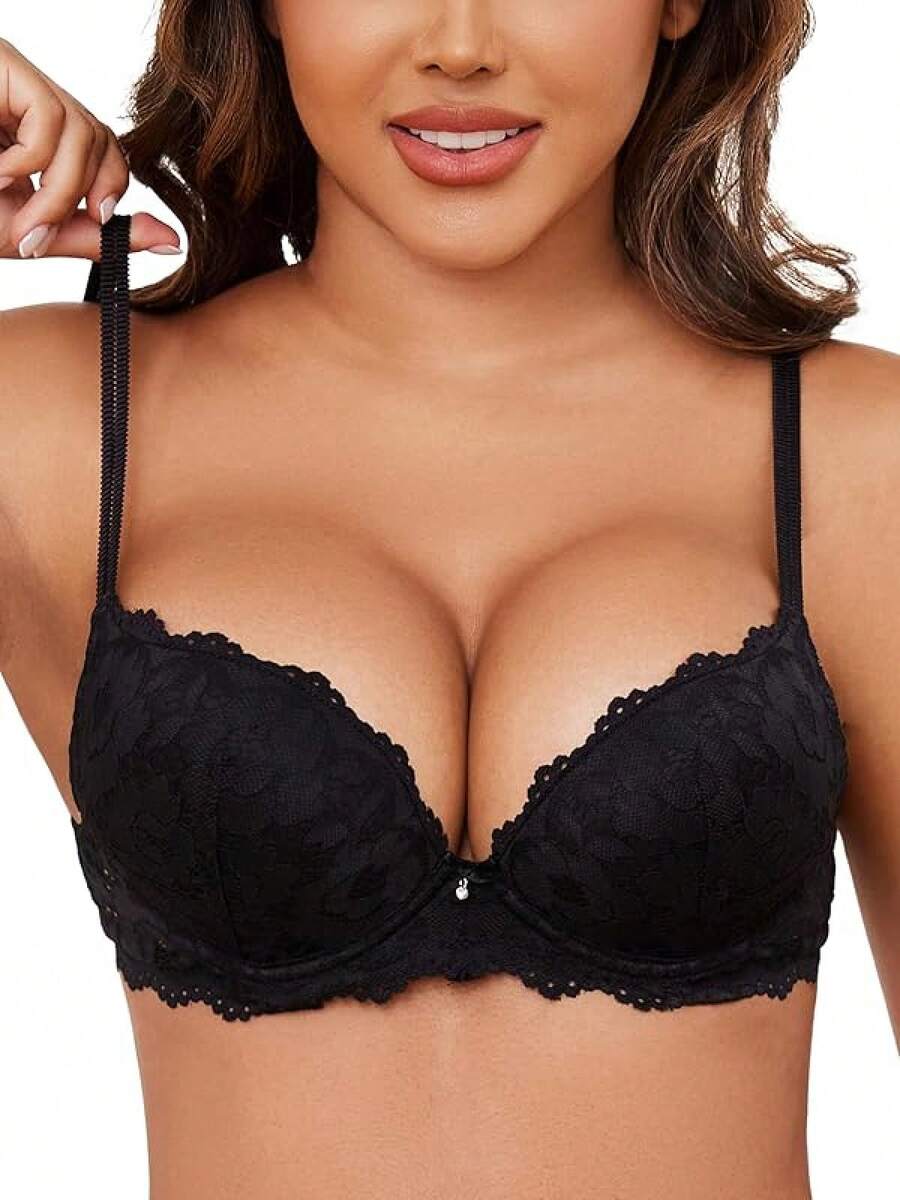 Push Up Bras For Women Add 2 Cups Sexy Lace Cleavage Extra Padded Plunge Bra Underwirehalloween - 黑色 - 查看 1