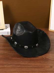 1pc Men's/Women's Black Cowboy Hat With Bull Head Decor & Windproof Chin Strap - Ideal For Western-Themed Events, Rodeos, Outdoor Adventures