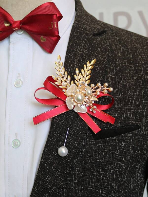 1 pieza Boutonnière de novio de aleación de hierro con lazo burdeos, broche para reunión de negocios formal, accesorio de boda lujoso