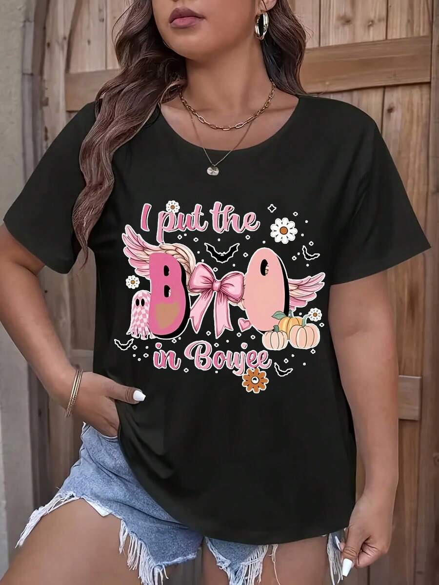I Put The Cloth In The Boogie Ghost, Flirty Halloween, Ghost Designs, Spooky Season, Pumpkins, Halloween Mom,Women's Plus Size Cotton T-Shirts, Suitable For Halloween And Thanksgiving, Party Gifts, Women's Tops - Black - View 1