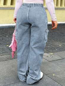 Women's Loose Casual Drawstring Waist Cargo Denim Pants - Rửa nhẹ - Xem 11