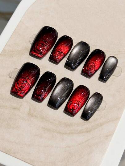 10 Peças de Unhas Postiças Prensadas com Olho de Gato Brilhante Vermelho Vinho, Pintadas à Mão com Rosas, Formato Trapezoidal Longo Diário e Floral de Halloween, Cor Sólida Destacável, Adequado como Presente para Senhoras e Meninas