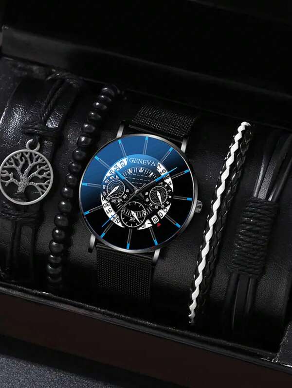5 Pieces/Set, 1 Mesh Strap Alien Watch + 4 Woven Hand Jewelry Sets