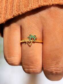 礼盒装夏季度假风格绿色方晶锆石金椰子树戒指，适合海滩装和节日礼物 - 金色 - 查看 5