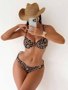 Swim SXY Leopard Print Bikini Set, Vacation Beach Bikini Set - Coffee Brown - View 1