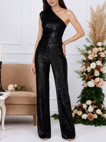 女式黑色无袖亮片阔腿连体裤不对称单肩长款派对装带拉链细节