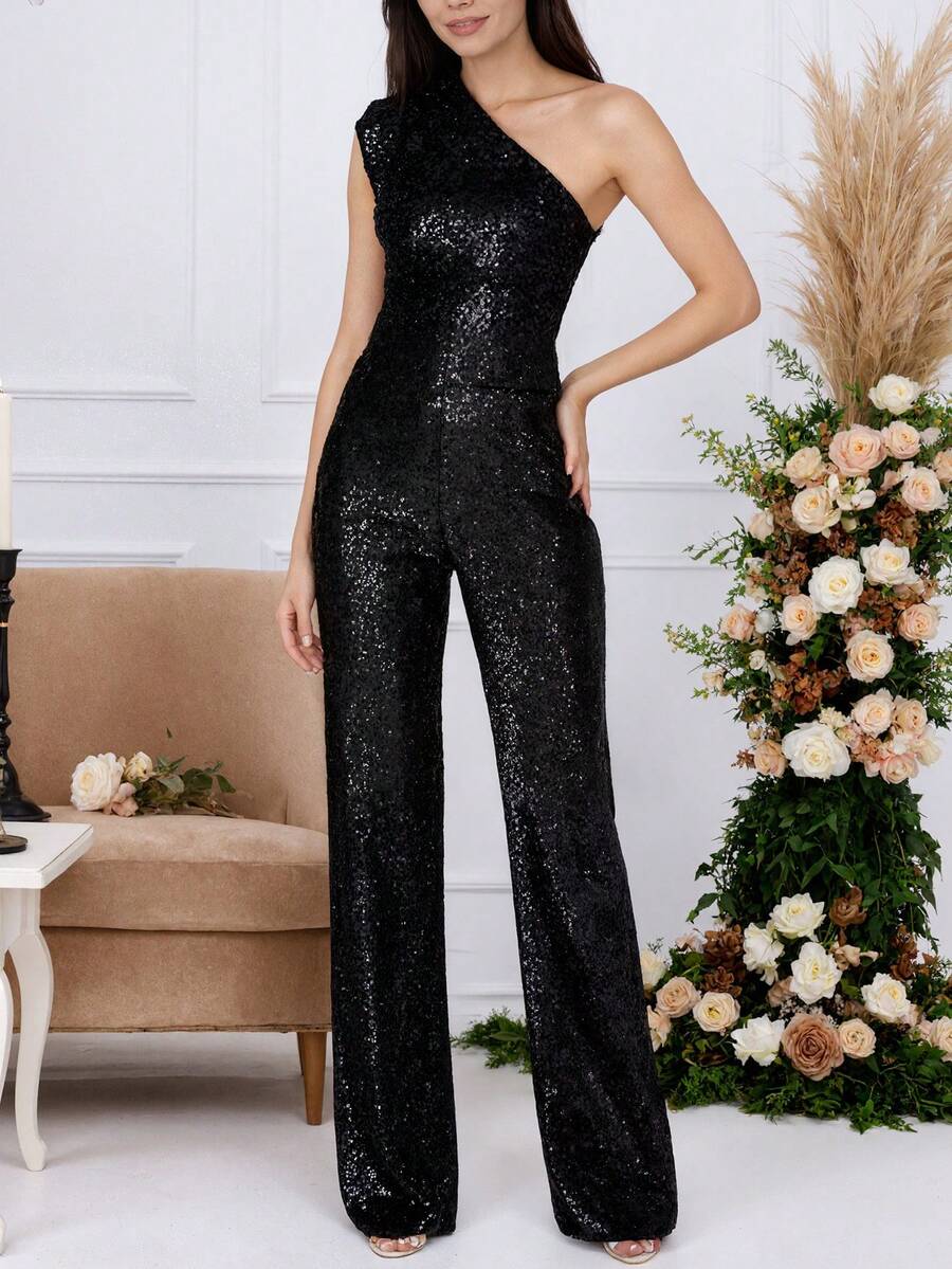 女式黑色无袖亮片阔腿连体裤不对称单肩长款派对装带拉链细节
