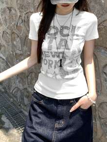 2025 Spring/Summer Women's Casual Letter Print Short Sleeve Knit T-Shirt - White - View 4