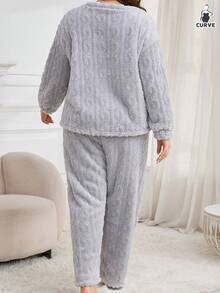 Plus Size Women Plush Jacquard Thermal Lined Warm Sleepwear Set, Autumn/Winter, Fall Clothes, Cozy Outfit, Fluffy Pajama - Grey - View 2