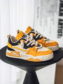 New Men Skate Shoes Patchwork Casual Lace-Up Low-Top Versatile Comfortable Outdoor Sports Sneakers, Suitable For All Seasons - Màu vàng - Xem 4