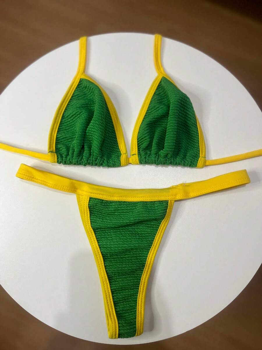 Biquíni Cortininha Texturizado Do Brasil Verde Com Amarelo Fio Dental ...