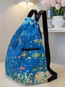 1 szt. Plecak ze ściągaczem z motywem zwierząt podwodnych i motywem kreskówkowym, z kieszeniami, spersonalizowany prezent na powrót do szkoły, odpowiedni dla dzieci i nastolatków