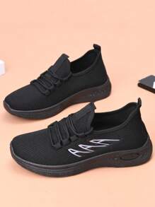 Women's Breathable Casual Shoes, Non-Slip Soft Bottom Comfortable Black Work Shoes, Flat Fabric Solid Color Round Toe Sneakers, Suitable For All Seasons - Black - View 8