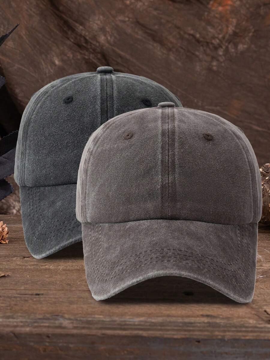 1 件男女通用纯色可调节水洗棒球帽，休闲户外时尚 - 黑色+咖啡 - 查看 1