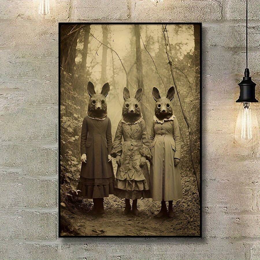 Vintage-Inspired Mystical Rabbit Forest Canvas Wall Art – Classic Style Fabric Mural With Glitter Embellishment, Reusable Frameless Wall Decor For Living Room And Bedroom - For Home Decor Enthusiasts - Perfect Gift For Art Lovers