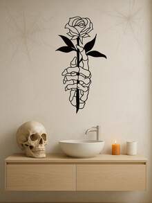 1 PC Gothic Iron Hand Sculpture Wall Art - Skull Holding Rose Metal Decor, Dark Academia Living Room Decor For Men, Edgy Home Gift With French Cleat Hanging System, Suitable For Christmas, Halloween, Thanksgiving, Valentine's Day Gifts