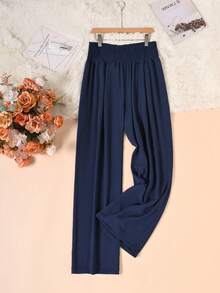 Solid Color Elegant Versatile Pleated Wide Leg High-Waisted Pants For Women - Navy Blue - View 4