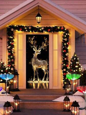 1 pieza/Elegante bandera navideña para la puerta, de poliéster duradero, con reno luminoso dorado sobre fondo negro, que irradia elegancia, adecuada para decoraciones navideñas, suministros para fiestas de Navidad, decoraciones de puerta del hogar, regalos