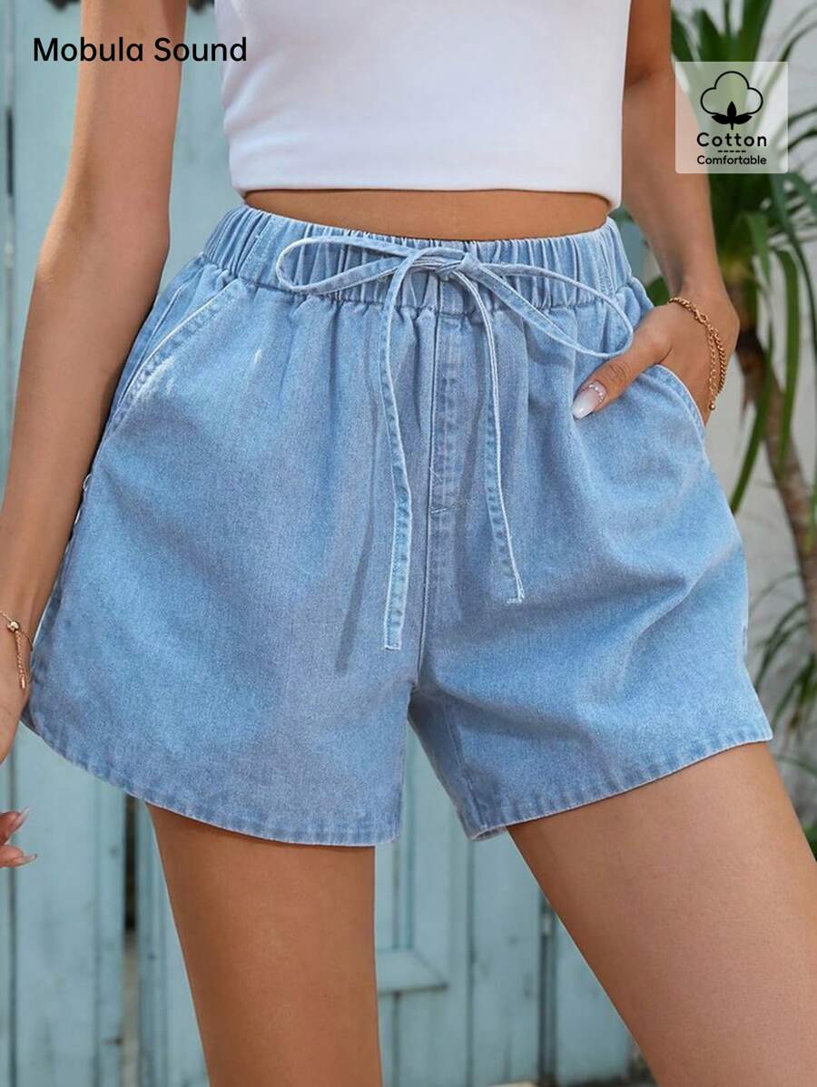 Mobula Sound# Sexy Music Festival Versatile Casual Vacation Elegant Fashion Style Women's Elastic Waist Loose Blue Denim Shorts, Spring/Summer - Blue - View 1