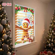 1pc Christmas Decoration Window Banner, Featuring A Gingerbread Man Wearing A Santa Hat, Peeking Through Blinds With A Cheerful Smile, Decorated With Christmas Ornaments, Holly Leaves, And Bows, Conveying The Whimsical And Joyful Spirit Of Christmas, 47.2x31.5 Inch Polyester Window Valance Decor Holiday Background Window Banner For Indoor Photo Display