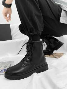 男士黑色休闲摩托车皮靴，系带设计，防滑，增高，适合秋季、青少年及年轻成人穿着，休闲百搭，四季皆宜 - 多色 - 查看 9