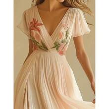 Women'S Elegant Floral Chiffon Dress - Long Flowy A-Line With Pleated Detail, V-Neck Summer Party & Wedding Dress For Adults, Lightweight & Breathable For Formal Events, Wedding Dresses For Bride, Event Attire, Sophisticated Style, Delicate Fabric