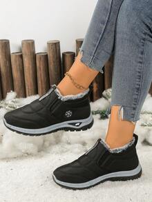 Giày nữ mùa thu/đông 2025 mới, giày casual lót ấm, bốt đi tuyết kiểu slip-on, trang trí họa tiết bông tuyết, bốt cổ ngắn mùa đông thoải mái. - màu đen - Xem 3