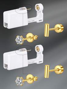 CIZME 4 件/套时尚不锈钢方晶锆石心形仿珍珠平背耳环，带穿耳枪，自穿耳套装 - 一次性穿耳枪，带预装耳钉，家用自穿耳枪套装，软骨耳环，男女皆宜，可作为日常装饰 - 銀色/金色 - 查看 18