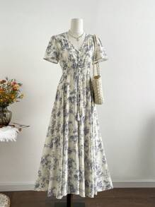 Rusttydustty 大码女式复古蓝白波西米亚度假风腰部纽扣短袖连衣裙