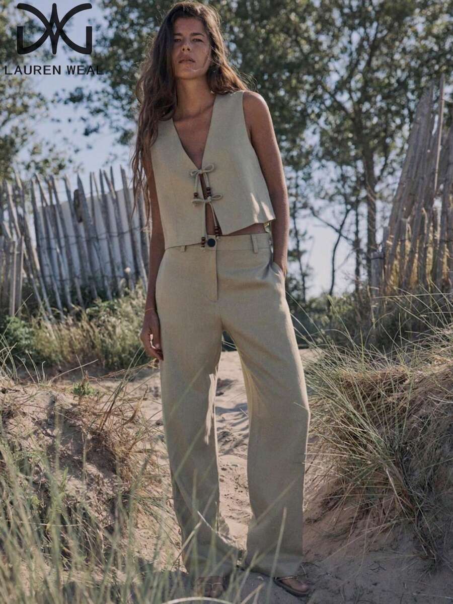 Conjunto de camiseta interior sin mangas con diseño de cuentas de cuello en V y pantalones casuales, estilo europeo y americano para mujer