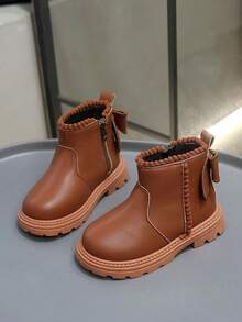 1 Pair Toddler/Kids Soft & Comfortable PU Leather + Fabric Boots, Plush Ball Decor, Zipper Design, Round Toe, Rubber Sole, Classic British Style, Suitable For Baby Girls Indoor/Outdoor, School, Autumn/Winter