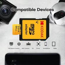 Kodak 2张柯达C10 Micro SD卡，32GB存储卡，兼容64GB、128GB，读写速度100MB/s，U3 V30 MicroSD卡，最大支持256GB，适用于相机、智能手机和电脑。 - 黃色 - 查看 5