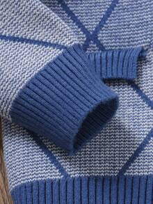 1pc Toddler Boys' Fashionable Lapel Diamond Grid Faux Pocket Long Sleeve Cardigan Sweater, Suitable For Everyday And Vacation, Spring/Autumn/Winter - Blue - View 9