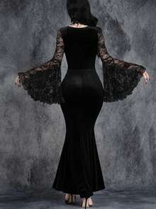 Vestido de mujer gótico y sexy con mangas de encaje, parches y cola de sirena con terciopelo para Halloween. Vestido elegante y formal de noche, para graduación, cena, fiesta de boda como invitada