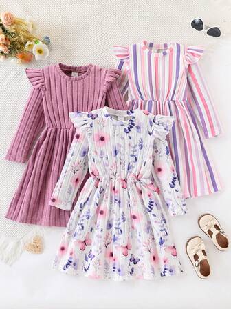 三件套女童秋冬休闲连衣裙套装，花卉条纹印花，荷叶袖，长袖连衣裙，适合度假、休闲、户外活动
