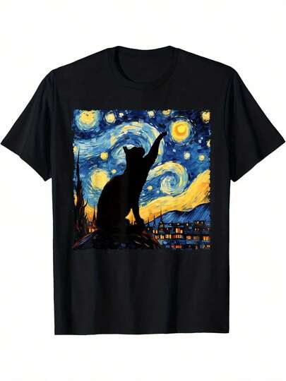 Camiseta clásica de gato Van Gogh vintage Noche estrellada gato patas de gato retro Camiseta de algodón puro seleccionado Diseño interesante DIY de manga corta para hombres, suave y transpirable, cómoda, casual y deportiva, regalo de Halloween y Navidad, TALLA GRANDE, L-5XL