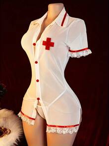 Two Piece Set: Nurse Uniform Women's T-Pants Sexy Underwear, Pure Desire Nurse, Role Playing, Uniform Temptation, Sexy Halloween Costume - 白色 - 查看 4