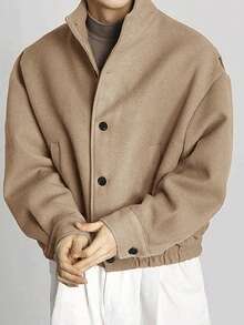 INCERUN Mens Stand Collar Button Front Long Sleeve Casual Basic Solid Jacket Coat Fall Overcoat - Khaki - View 1
