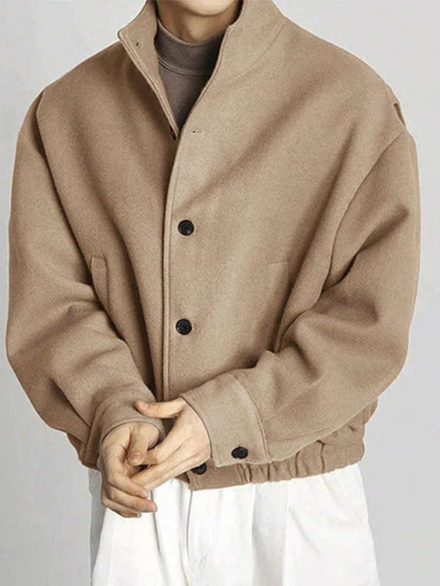INCERUN Mens Stand Collar Button Front Long Sleeve Casual Basic Solid Jacket Coat Fall Overcoat - Khaki - View 1