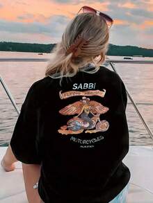 Women's Flying Mermaid Motorcycles Graphic T-Shirt - Black Short Sleeve Crew Neck Casual Top | SABBI Back Print, Machine Washable, Comfortable Fabric, Summer Spring Beachwear